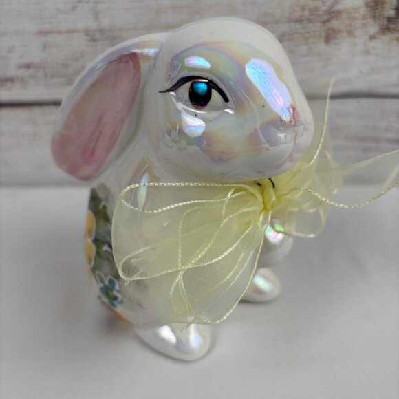 VTG White Bunny Rabbit Figurine Iridescent Glossy Luster Yellow Flowers - Picture 2 of 9